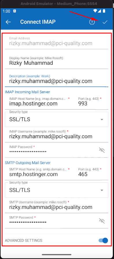 Form konfigurasi IMAP