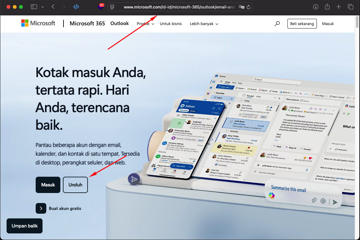 Halaman download Outlook